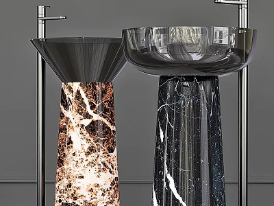 Two Modern Pedestal Washbasins With Unique Marble Bases And Chrome Faucets 3d model