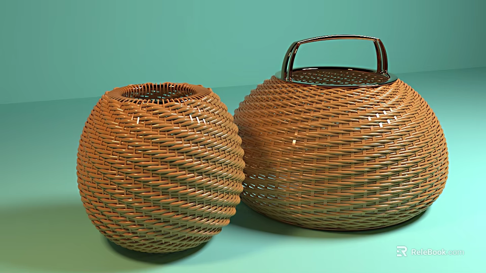 Two Round Woven Wicker Storage Baskets For Home Organization And Decoration 3d model 