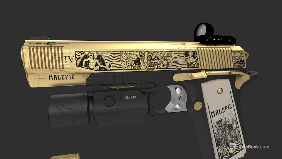Gold HALLEFIE Pistol With Intricate Engravings Scope And Decorative Design 3d model 