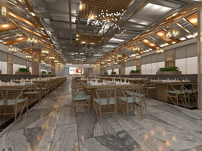 Modern Restaurant Interior Design With Wooden Ceiling Chandeliers Marble Floor And Dining Tables 3d model