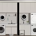 Modern Laundry Room With Washing Machines Dryer Sink And Storage Cabinets