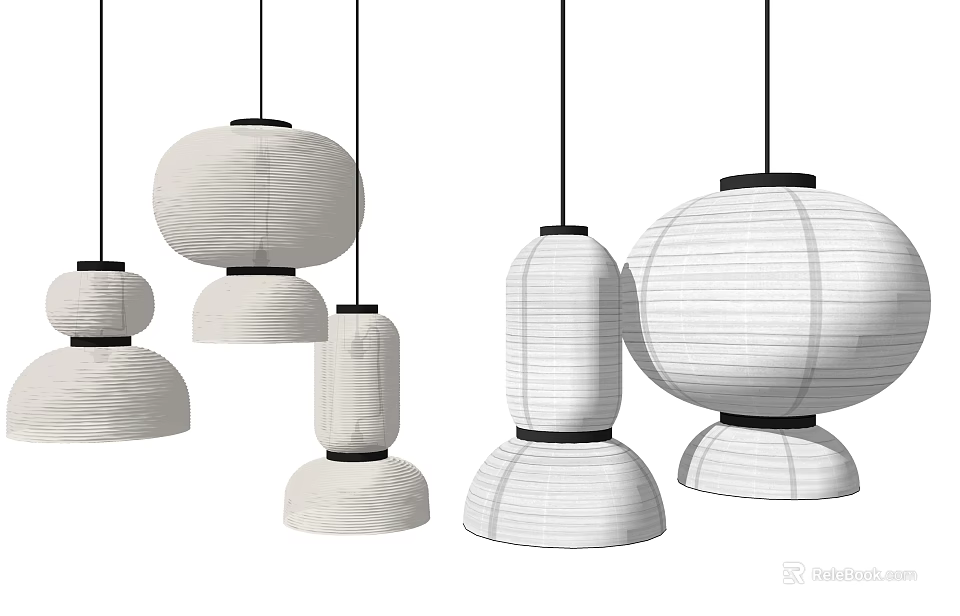 Modern White Striped Pendant Lights with Black Accents Hanging Design and Multiple Shapes 3d model 