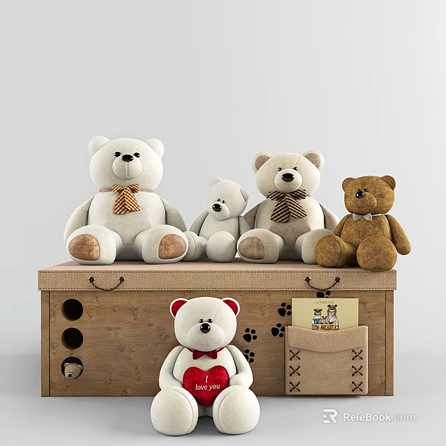 Various Sizes White Brown Teddy Bear Dolls With Bow Ties And Heart On Wooden Box 3d model 