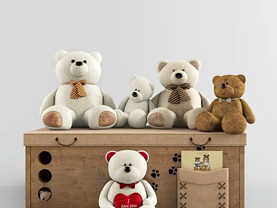 Various Sizes White Brown Teddy Bear Dolls With Bow Ties And Heart On Wooden Box 3d model