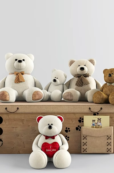 Various Sizes White Brown Teddy Bear Dolls With Bow Ties And Heart On Wooden Box 3d model