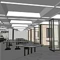 Modern Restaurant Interior With Open Layout Wooden Railings Gray Walls And Ceiling Lights