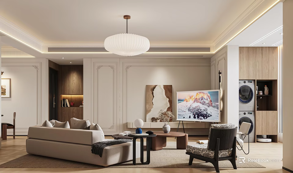 Modern Living and Dining Room Interior With Sofa TV Chandelier Decorative Painting And Coffee Table 3d model 