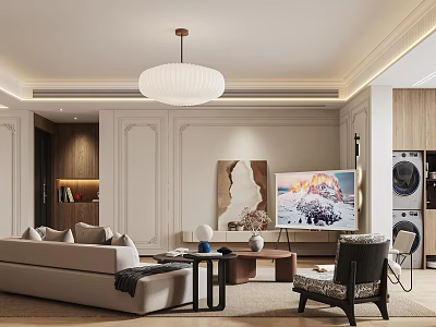 Modern Living and Dining Room Interior With Sofa TV Chandelier Decorative Painting And Coffee Table 3d model
