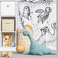 Kids Room Storage Cabinet with Drawers Bins and Ocean Theme Decorative Toys Lighthouse Sailboat Octopus