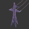 High Voltage Power Transmission Pylon With Blue Steel Structure And Overhead Power Lines