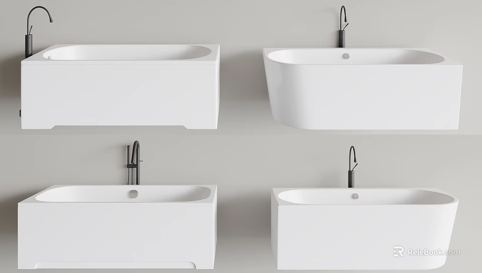 Modern White Bathtubs in Various Styles Featuring Chrome Faucets and Clean Design 3d model 