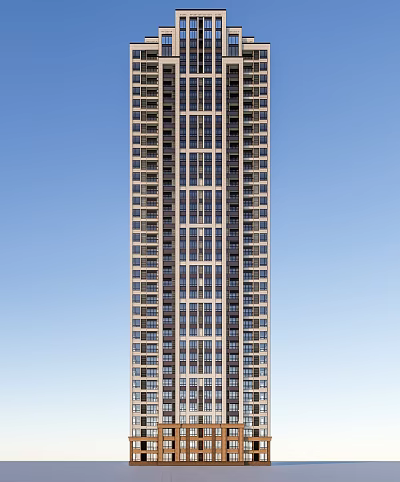 Modern High Rise Residential Building With Glass Windows And Balconies Under Blue Sky 3d model