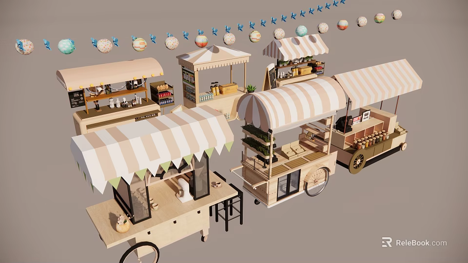 Colorful Mobile Food Carts With Striped Canopies Decorative Banners And Varied Designs 3d model 
