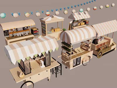 Colorful Mobile Food Carts With Striped Canopies Decorative Banners And Varied Designs 3d model