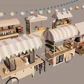 Colorful Mobile Food Carts With Striped Canopies Decorative Banners And Varied Designs