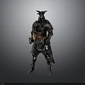 Medieval Warrior Man Standing in Detailed Metallic Armor with Horned Helmet and Chainmail