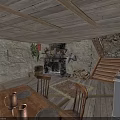 Traditional Rustic Building Interior With Wooden Ceiling Stone Walls Fireplace And Staircase