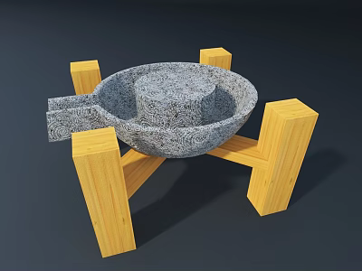 Round Textured Ceramic Vessel With Shallow Bowl Design On Wooden Stand 3d model