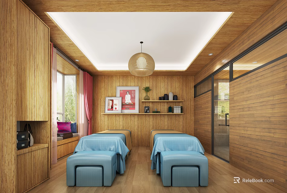 Relaxing SPA Sauna Interior With Wooden Walls Blue Massage Beds And Hanging Lamp 3d model 