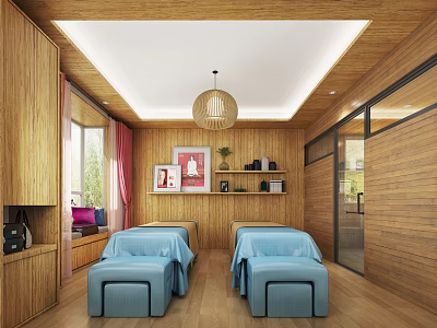 Relaxing SPA Sauna Interior With Wooden Walls Blue Massage Beds And Hanging Lamp 3d model