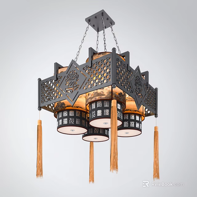 Traditional Chinese Square Chandelier With Black Metal Frame Fabric Lampshades And Tassels 3d model 