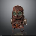 Red Steampunk Mask With Green Lenses And Metal Respirator Components