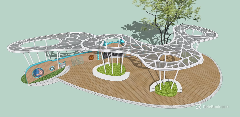 Modern Outdoor Landscape With Wooden Platform Geometric Canopy And Circular Green Areas 3d model 