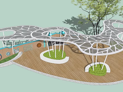 Modern Outdoor Landscape With Wooden Platform Geometric Canopy And Circular Green Areas 3d model