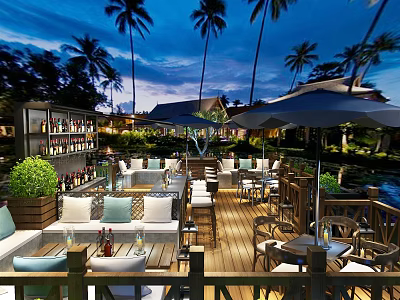 Outdoor Restaurant With Palm Trees Wooden Deck And Comfortable Sofa Seats 3d model