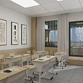 Modern School Reception Area With Wooden White Desk Computers And Wall Decorations