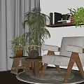 Cozy Accent Chair With Side Table Teapot Potted Plants Bookshelf And Window Curtains