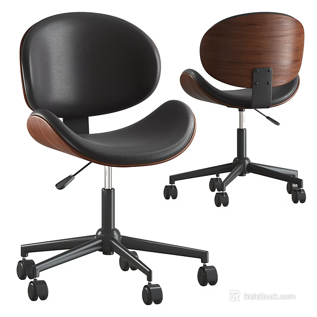 Modern Office Chair with Black Leather Seat and Wooden Backrest on Five Star Caster Base 3d model 