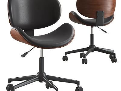 Modern Office Chair with Black Leather Seat and Wooden Backrest on Five Star Caster Base 3d model