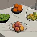 Assorted Fresh Fruits in Black and Glass Bowls with Baskets on Marble Countertop