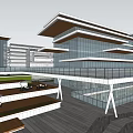 Modern Office Building Design With Rooftop Greenery Open Plaza And Pedestrians