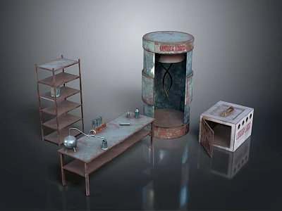 Vintage Industrial Furniture Collection Metal Shelf Table Upcycled Oil Drum And Storage Cabinet 3d model