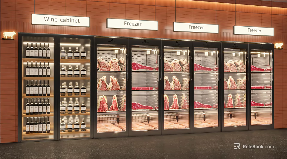Modern Retail Freezer Display With Glass Doors For Organized Meat Storage And Wine Cabinet 3d model 