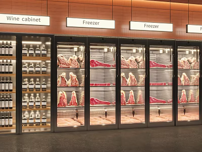 Modern Retail Freezer Display With Glass Doors For Organized Meat Storage And Wine Cabinet 3d model