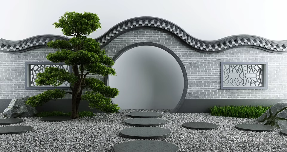 Traditional Chinese Courtyard Moon Gate with Pine Tree and Stone Path 3d model 
