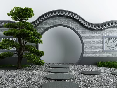 Traditional Chinese Courtyard Moon Gate with Pine Tree and Stone Path 3d model