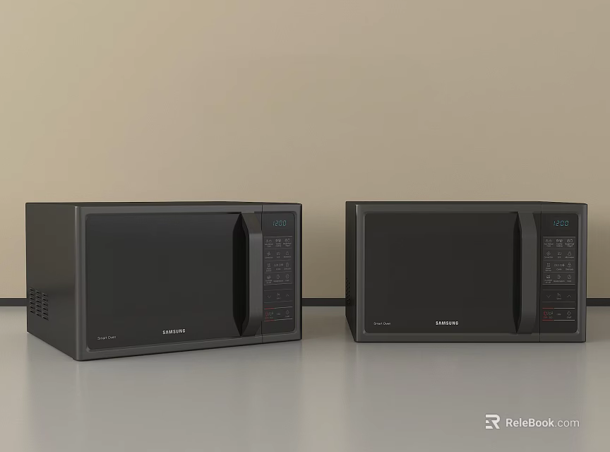 Two Black Samsung Microwaves Side by Side on Gray Countertop with Beige Kitchen Wall 3d model 