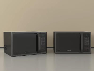 Two Black Samsung Microwaves Side by Side on Gray Countertop with Beige Kitchen Wall 3d model
