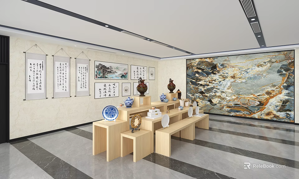 Wooden Display Shelves In Elegant Exhibition Hall Displaying Ceramics Bronzes Calligraphy And Paintings 3d model 