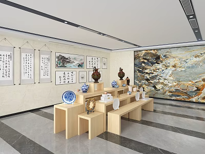 Wooden Display Shelves In Elegant Exhibition Hall Displaying Ceramics Bronzes Calligraphy And Paintings 3d model