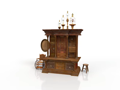 Antique Wooden Cabinet Featuring Round Mirror Glass Shade Candle Holders And Wheeled Cart 3d model