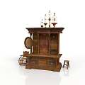 Antique Wooden Cabinet Featuring Round Mirror Glass Shade Candle Holders And Wheeled Cart