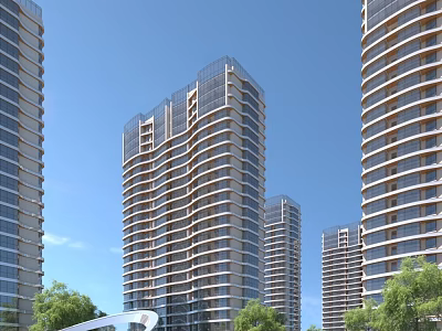 Modern High Rise Residential Buildings With Curved Balconies And Green Trees Against Blue Sky 3d model