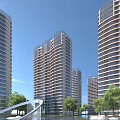 Modern High Rise Residential Buildings With Curved Balconies And Green Trees Against Blue Sky