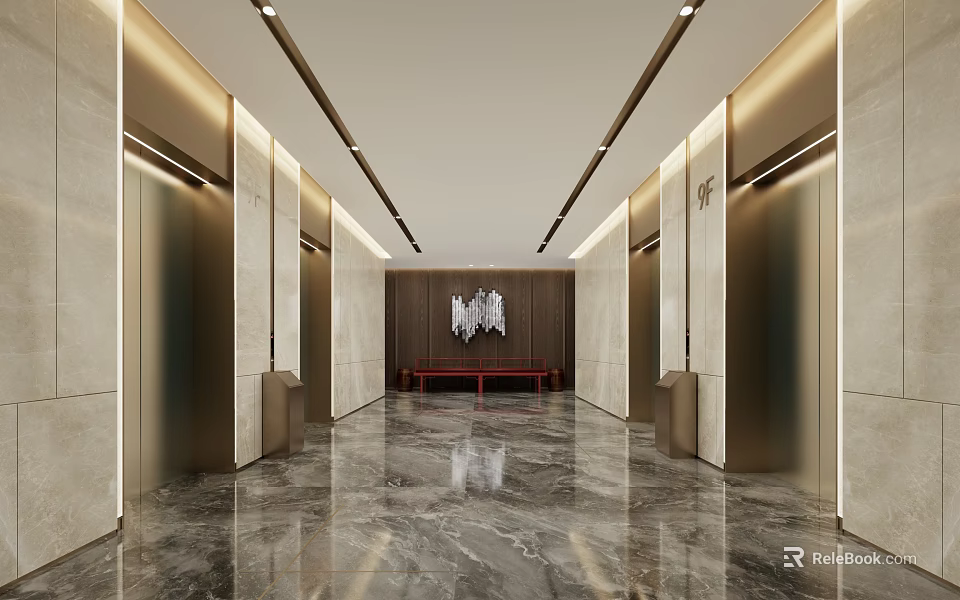 Modern Elevator Hallway With Marble Flooring Symmetric Design And Elegant Lighting 3d model