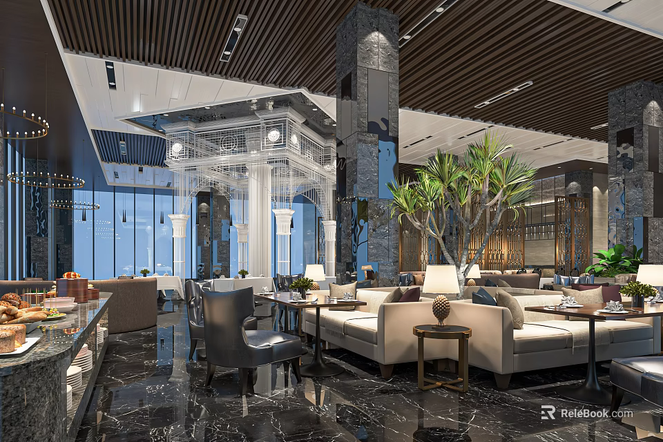 Modern Restaurant Interior With Sofas Marble Floors Green Plants And Large Windows 3d model 